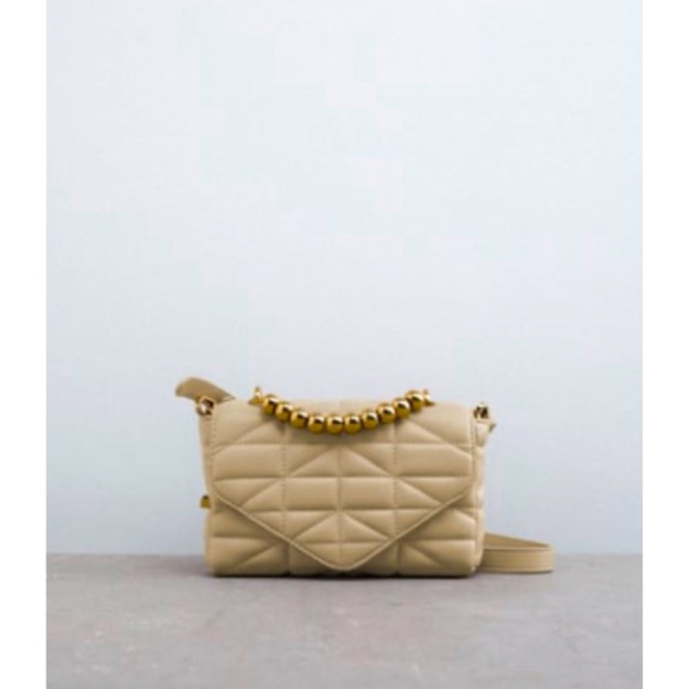 Zara Bead Handle Faux Leather Cream Colored Quilted Crossbody Bag